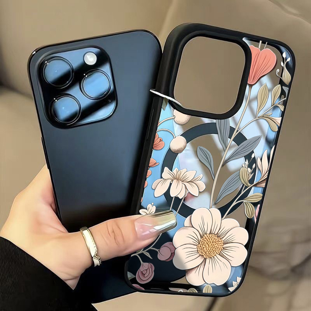 Magnetic Phone Case - Czarne etui na telefon z kwiatowym